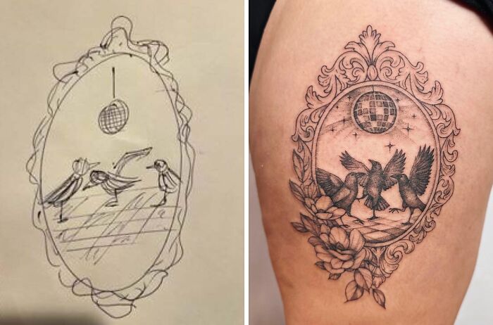 Before-and-after of a creative tattoo design on a thigh, featuring birds under a disco ball in an ornate frame.