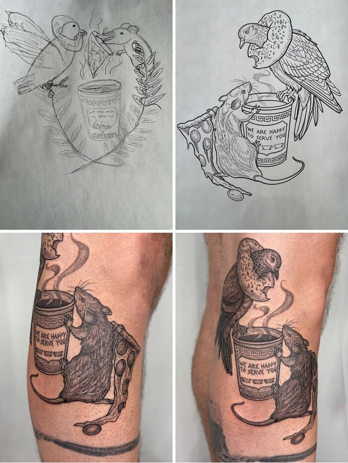 Detailed comparison of early sketches and final stunning tattoos on a leg, showing birds, rats, coffee, and pizza.