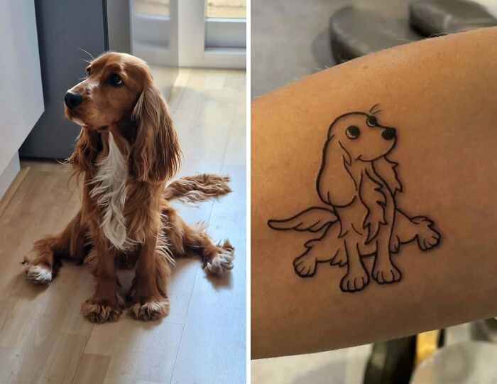 Stunning tattoos: A split image showing a cute cocker spaniel dog next to a cartoon-style tattoo of the same dog.