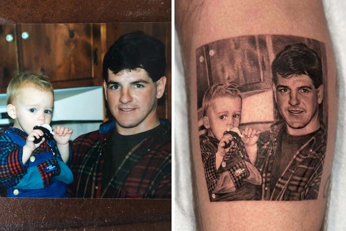 A side-by-side comparison of a photo and a realistic tattoo of a man holding a baby, a stunning tattoo.