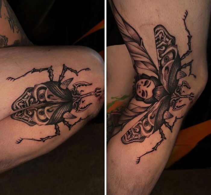 Two views of a large, intricate black and white beetle tattoo on a person's leg. This stunning tattoo is a permanent design.