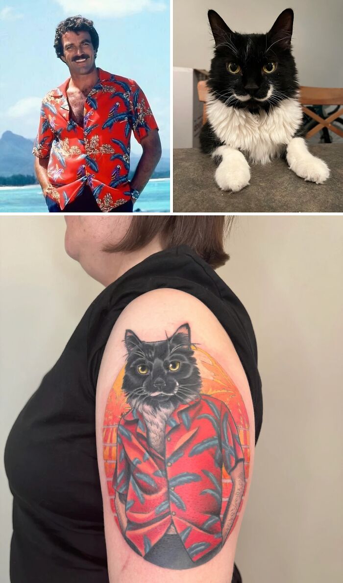 A collage showing Magnum P.I., a black and white cat, and a stunning tattoo of the cat dressed as Magnum P.I.