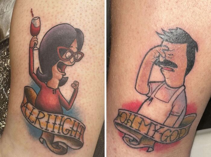 Two stunning tattoos, one of Linda Belcher exclaiming alright with a glass of wine, and Bob Belcher saying oh my god.