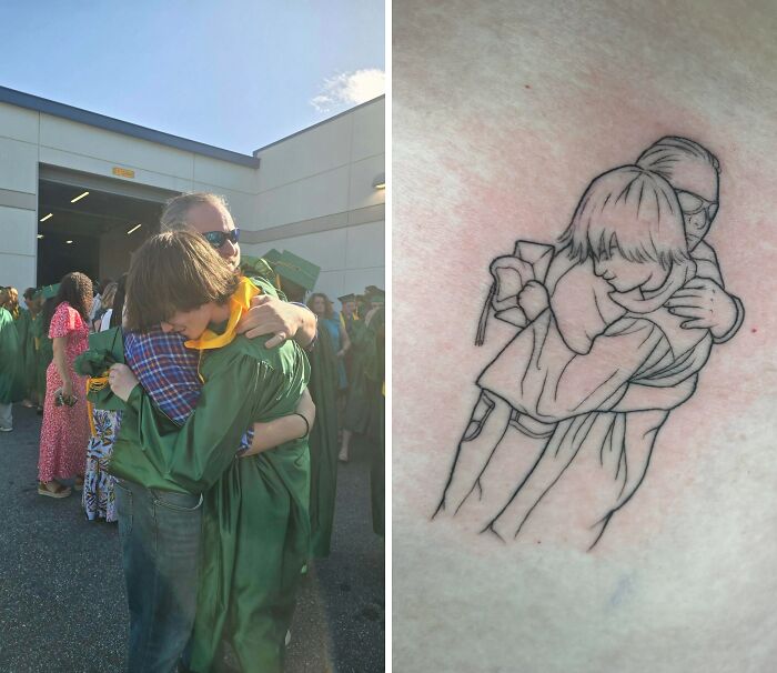 A touching photo of a father hugging his child, alongside a line art tattoo commemorating the moment.