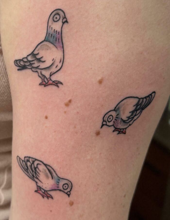 Three cartoon-style pigeon tattoos on an arm, showing different poses. These stunning tattoos are happy to wear forever.