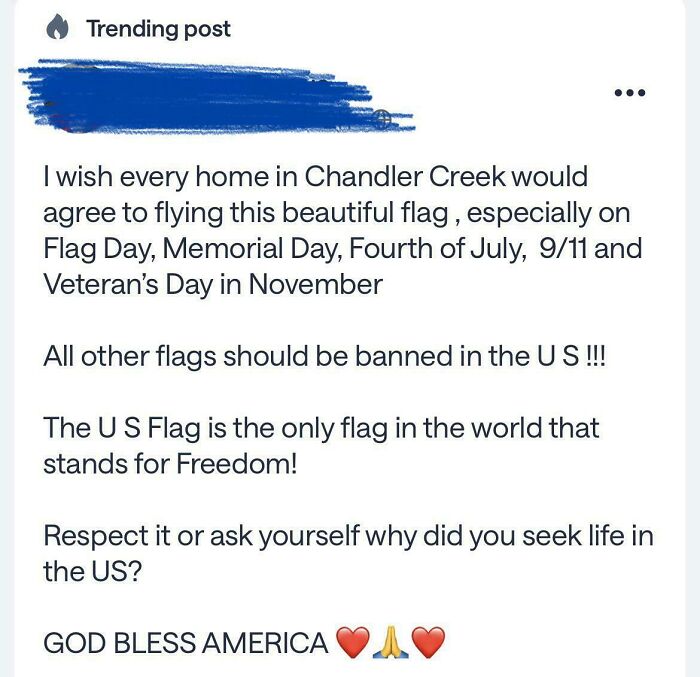 A funny neighborhood online community screenshot with a post demanding only US flags be flown.