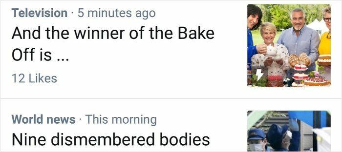 An interesting ad placement showing a Bake Off winner article directly above a World news headline about dismembered bodies.