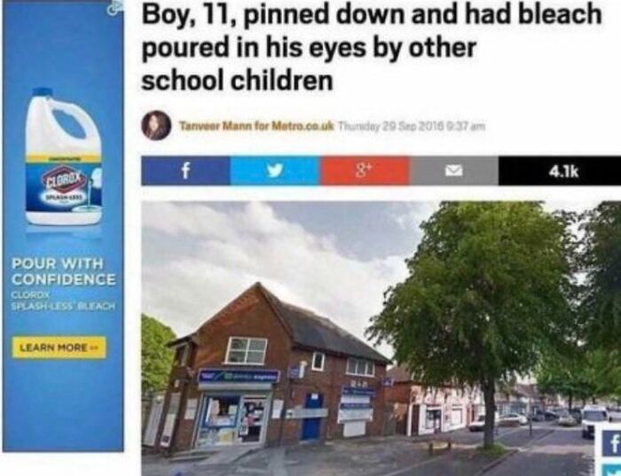 An ad for bleach is ironically placed next to a headline about bleach being poured in a boy's eyes, making the ad hilarious.