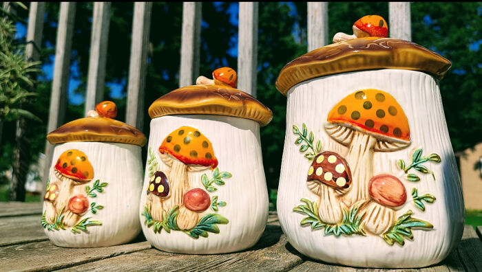Three vintage mushroom-themed ceramic canisters, a charming jackpot discovery at the thrift store.
