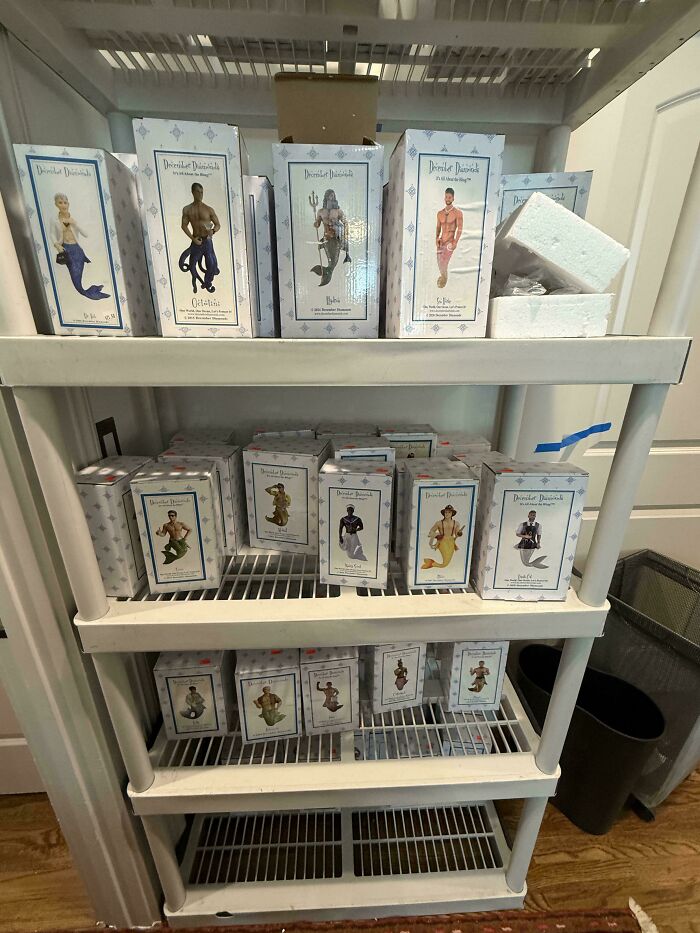Shelves full of boxed merman figurines, a surprising and exciting thrift store jackpot.
