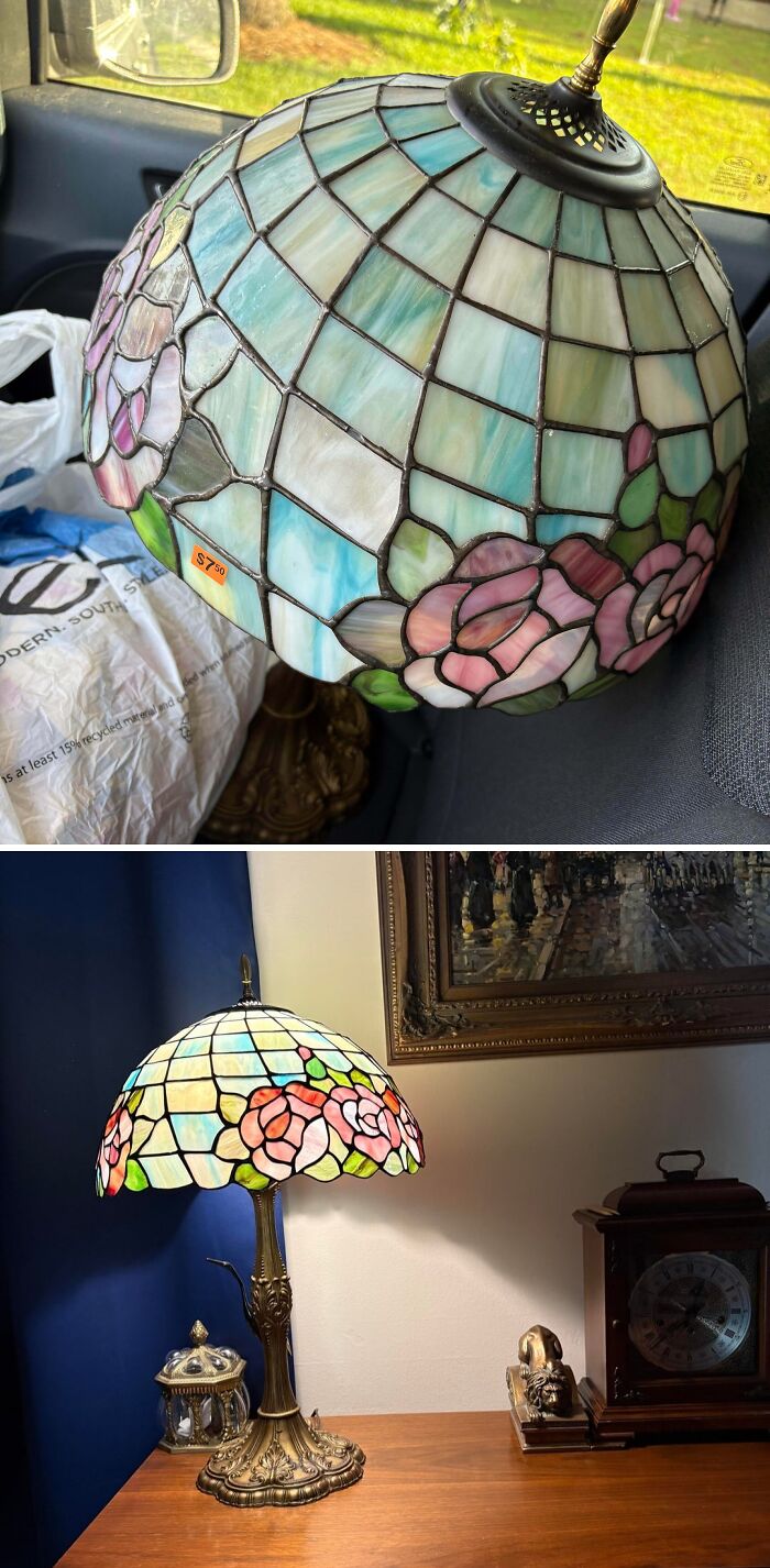 A beautiful Tiffany-style stained glass lamp with rose patterns, a fantastic jackpot from a thrift store.