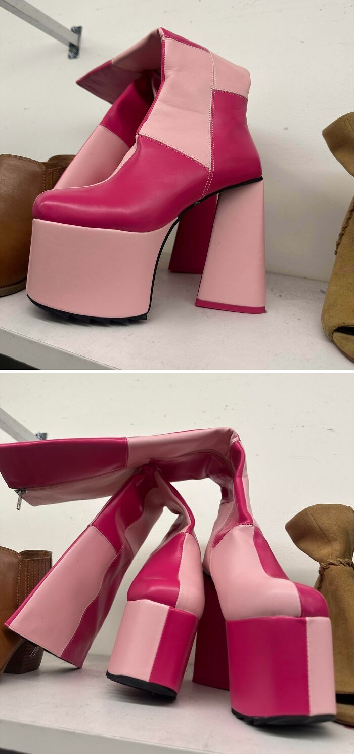 A pair of vibrant pink platform boots with light pink accents, a jackpot find at the thrift store.