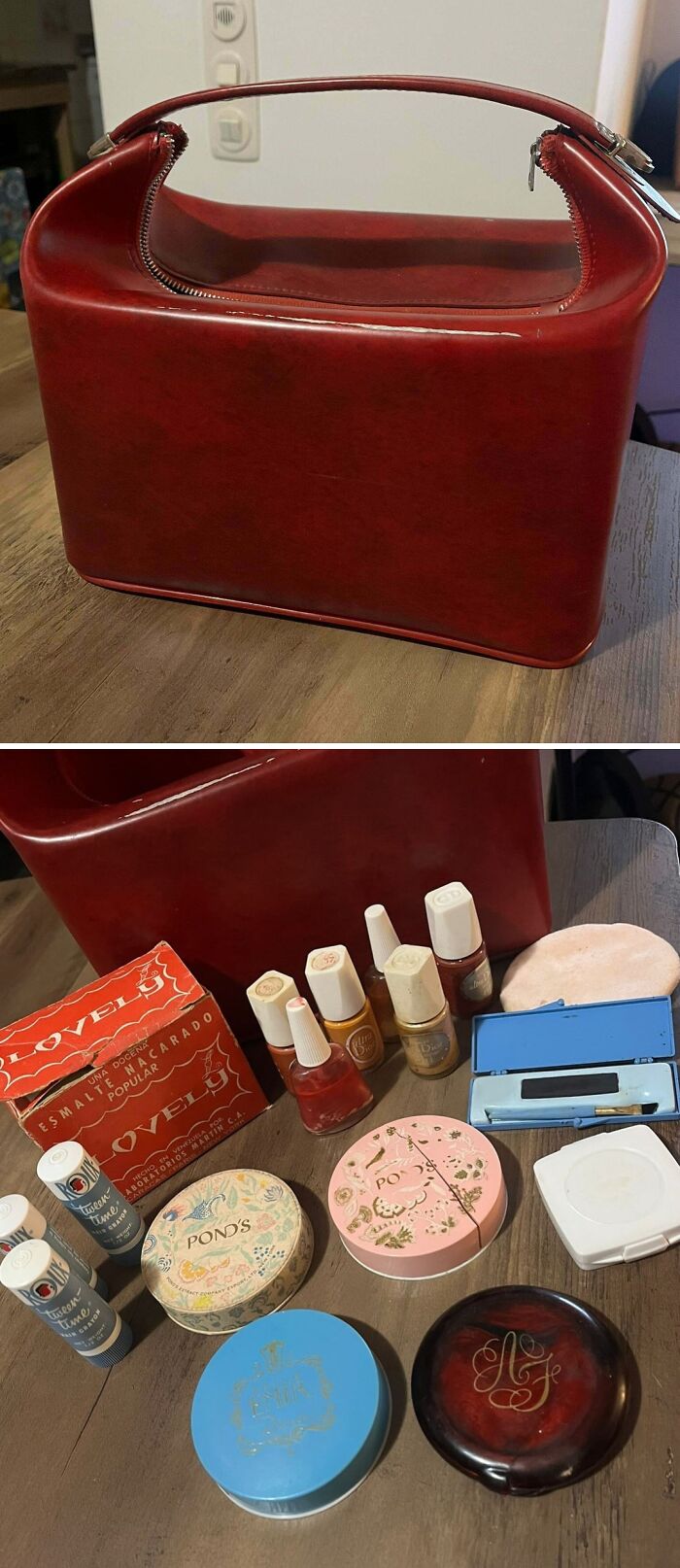 A vintage red cosmetic case, a thrift store jackpot, filled with old makeup items.