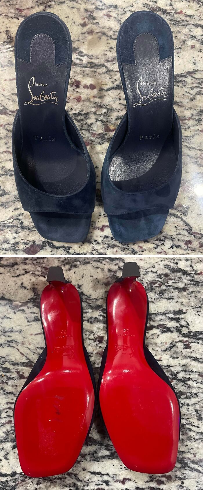 Pair of navy blue Christian Louboutin heels with signature red soles, a fantastic thrift store jackpot.