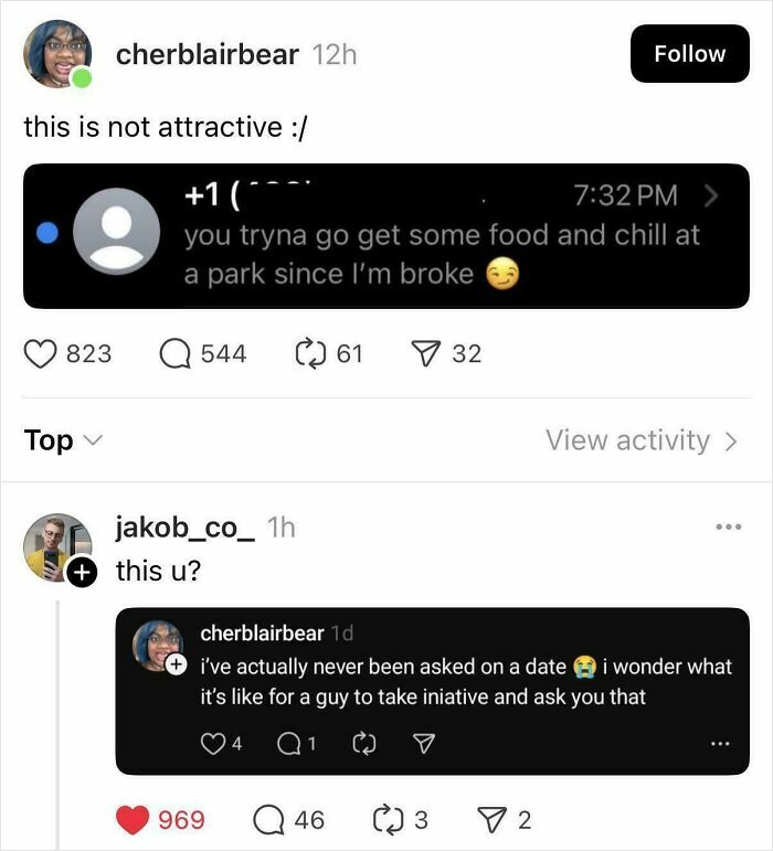 A screenshot showing a Twitter user getting caught in their contradictions online about never being asked on a date.