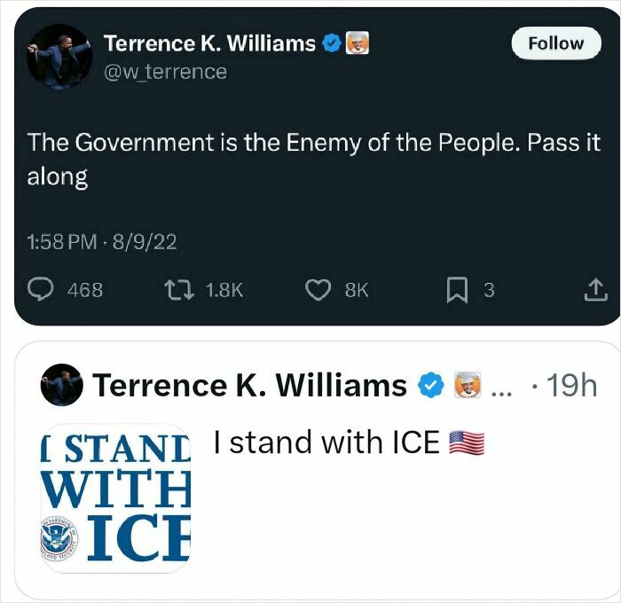 Screenshot of tweets by Terrence K. Williams, showing him caught in contradictions about his stance on government and ICE.