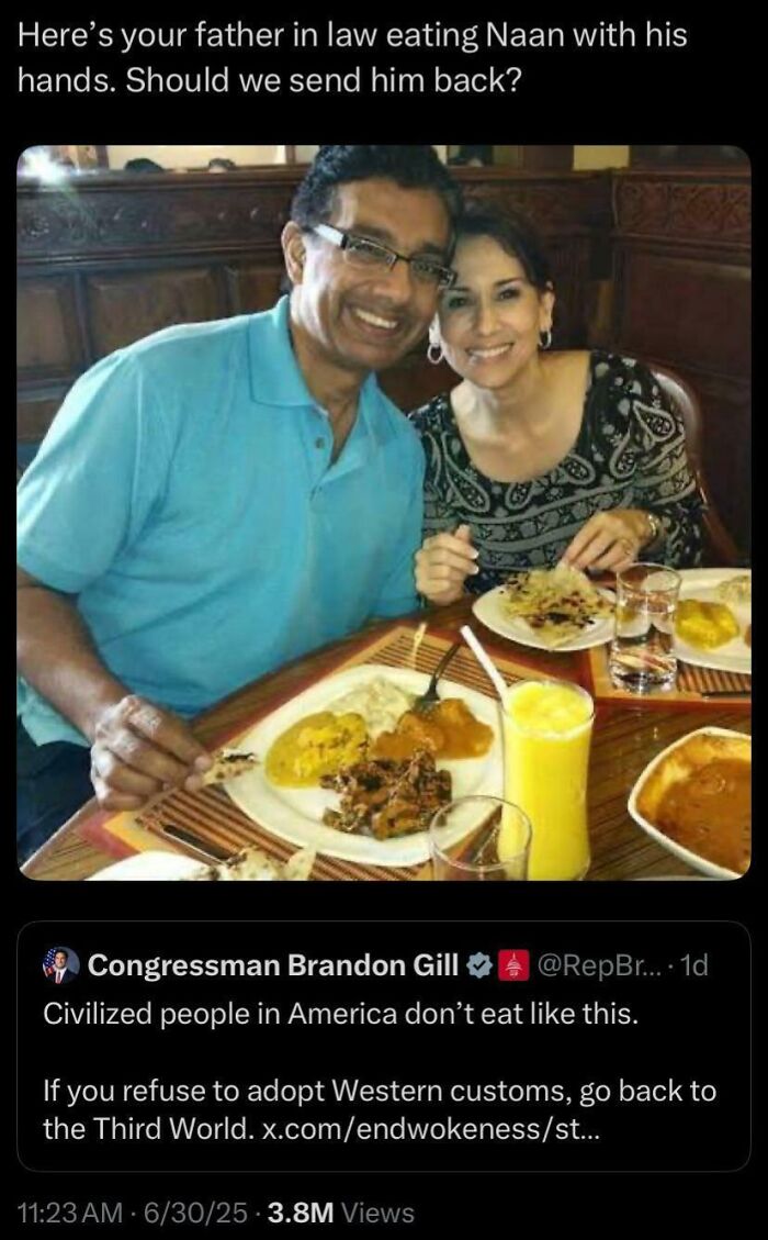 Screenshot of a tweet showing a man eating naan, with a previous tweet from a congressman about people caught in contradictions.