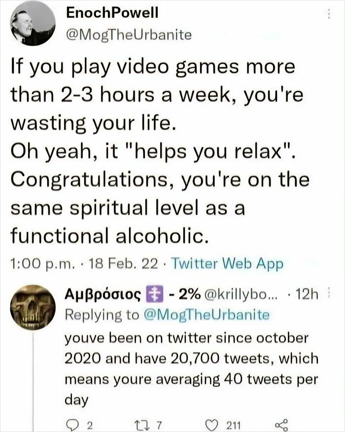 A screenshot of Enoch Powell claiming video games waste life, then being called out for excessive tweets online.