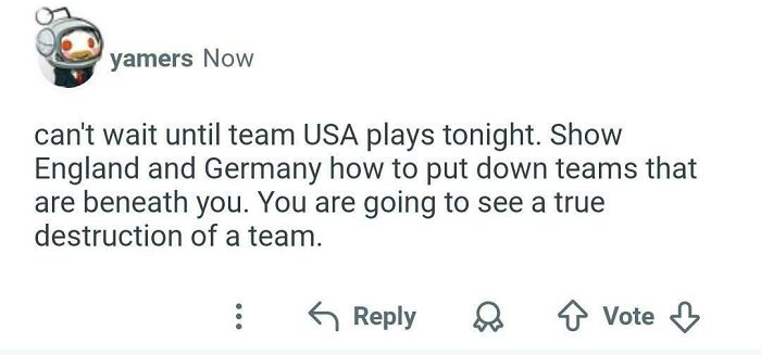 A social media post with a cringe-worthy comment about team USA saving the world.