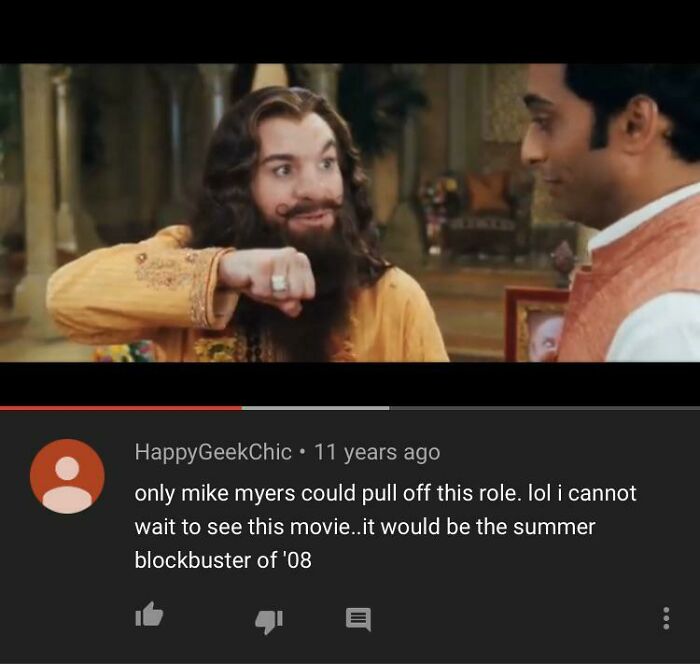 A YouTube screenshot with a comment from 11 years ago praising Mike Myers role, highlighting things that aged poorly.