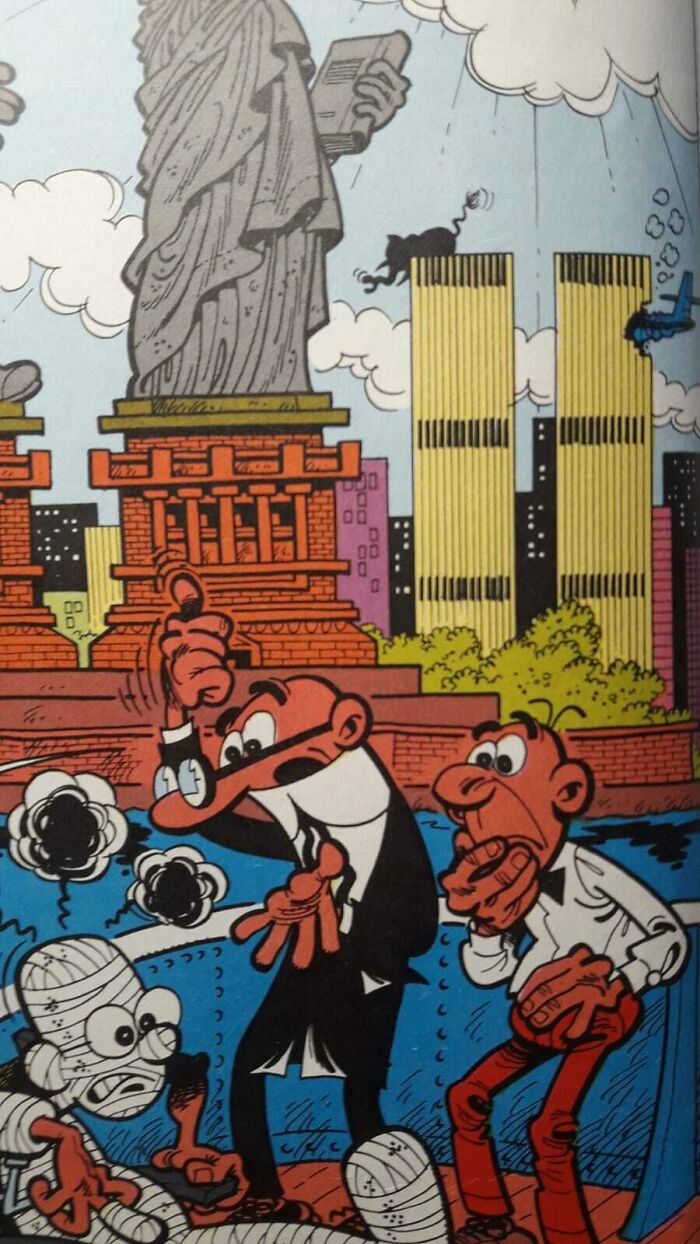 A comic depicting characters in front of the Statue of Liberty and the Twin Towers, showing things that aged poorly.