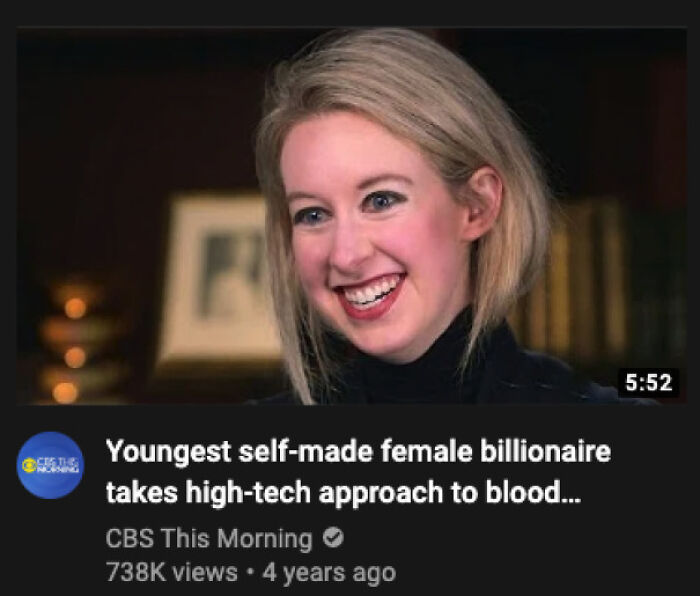 Elizabeth Holmes in a video thumbnail, a prime example of things that aged so poorly.
