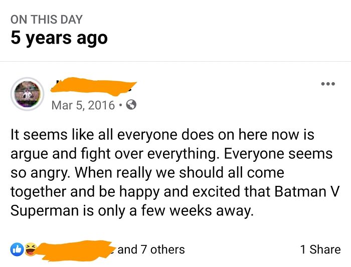 A Facebook post from 2016 expressing excitement for Batman V Superman, a sentiment that aged so poorly.
