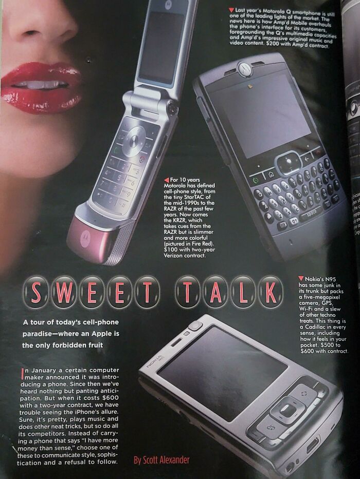 An article spread showing Motorola flip phones and a Nokia phone, demonstrating technology that aged so poorly.
