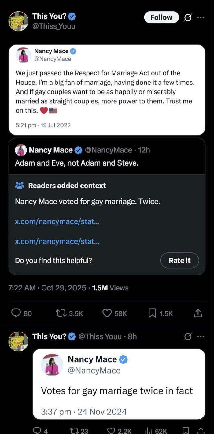 Nancy Mace caught in contradictions online, supporting the Respect for Marriage Act but then stating Adam and Eve.
