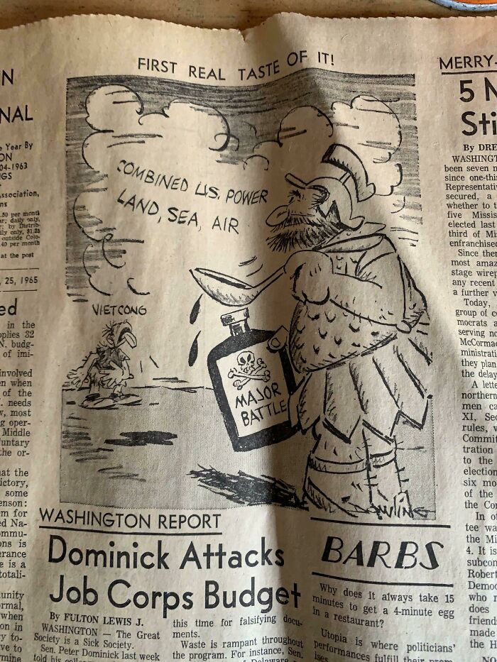 A political cartoon from a newspaper, showing Uncle Sam feeding Viet Cong, titled Combined US power land, sea, air, that aged poorly.