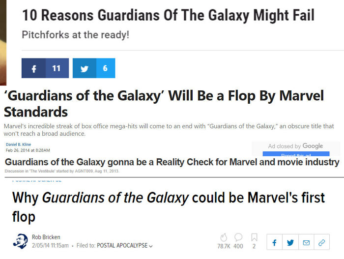 Various headlines predicting that Guardians of the Galaxy would be a flop, highlighting things that aged so poorly.
