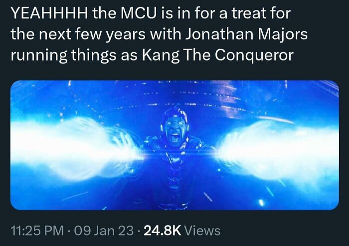 A tweet celebrating Jonathan Majors as Kang The Conqueror in the MCU, a sentiment that aged so poorly due to recent events.