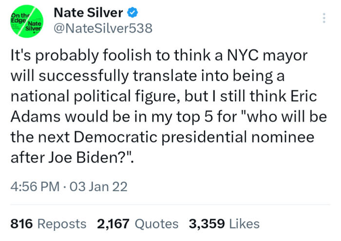 A tweet from Nate Silver 538, dated Jan 3, 2022, about Eric Adams potentially being a Democratic presidential nominee that aged poorly.