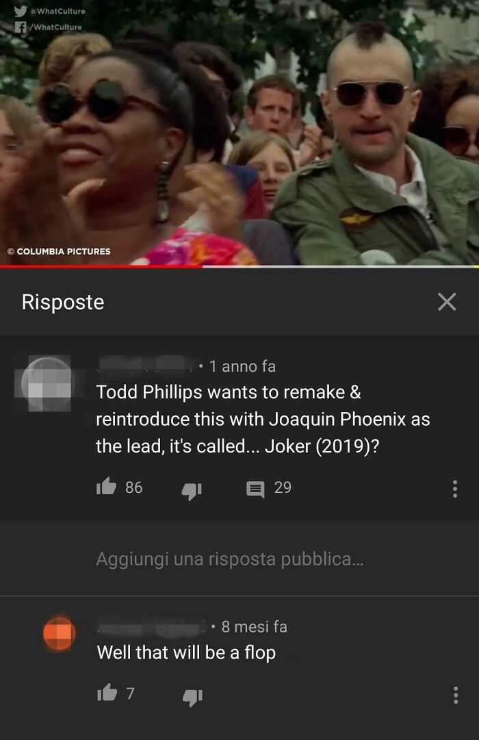 A YouTube screenshot showing comments about a movie remake, with one comment saying it will be a flop, a prediction that aged poorly.