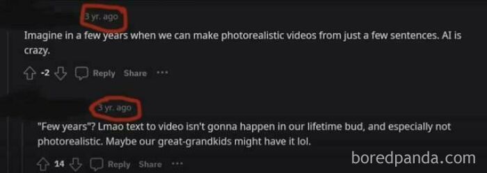 Reddit comments discussing AI's future capabilities, showing predictions that aged so poorly.