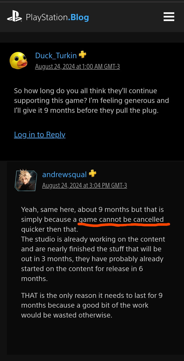 PlayStation blog comment section discussing game cancellation, an example of things that aged so poorly.