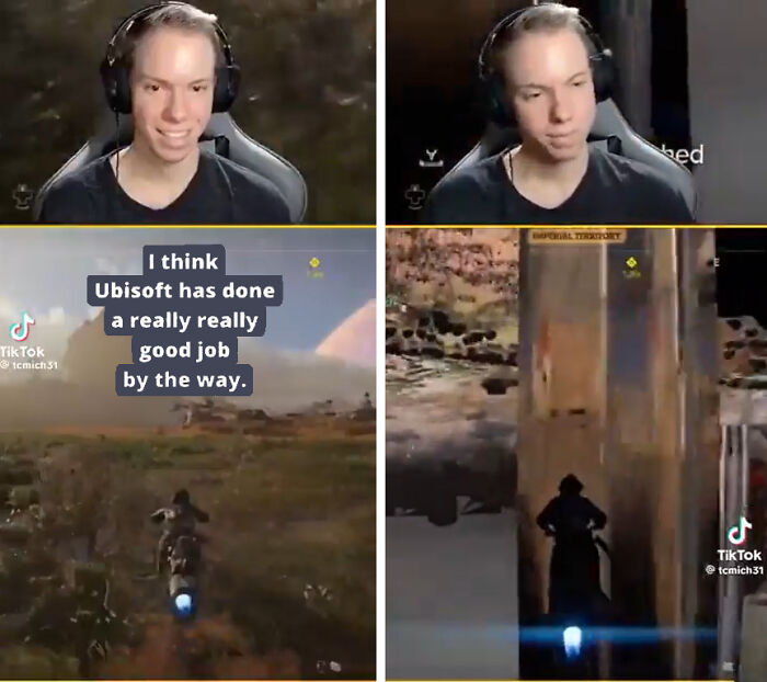 Split screen showing a gamer praising Ubisoft while a game character glitches, an example of things that aged so poorly.