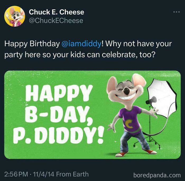 Chuck E. Cheese tweet wishing P. Diddy a Happy Birthday, an example of things that aged so poorly.