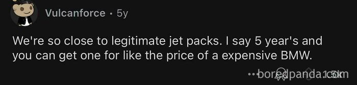 Reddit post predicting jet packs will be affordable in 5 years, one of the things that aged so poorly.