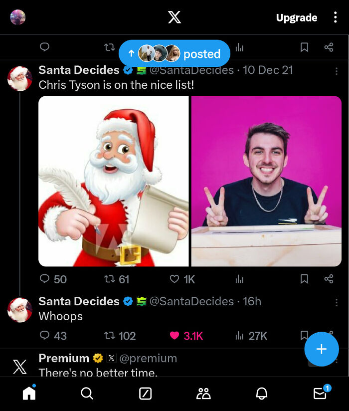 A social media post shows Santa Decides saying Chris Tyson is on the nice list, then later posts Whoops, a thing that aged so poorly.