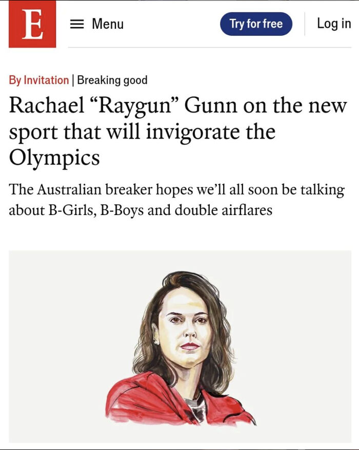 An article title reads Rachael Raygun Gunn on the new sport that will invigorate the Olympics, showing things that aged so poorly.