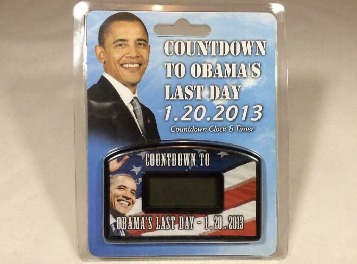 A Countdown to Obama's Last Day clock and timer in packaging, a prime example of things that aged so poorly.