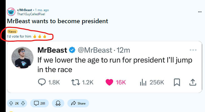Reddit post with MrBeast tweet about running for president, a topic that aged poorly due to its controversial nature.