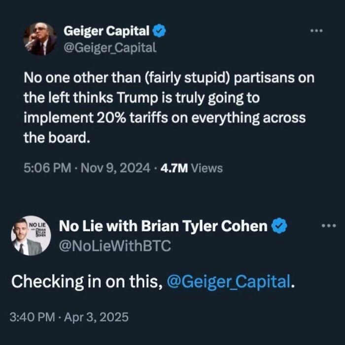 A screenshot of Geiger Capital getting caught in their contradictions online about Trump's tariffs.