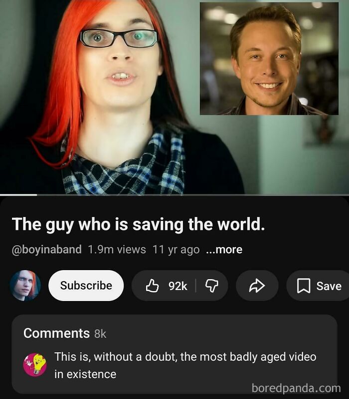 YouTube video thumbnail with a person and Elon Musk, titled The guy who is saving the world, highlighting things that aged poorly.