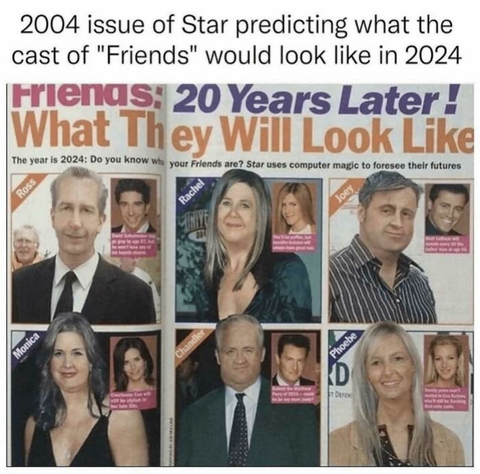 A magazine cover from 2004 predicting the cast of Friends in 2024, an example of things that aged so poorly.