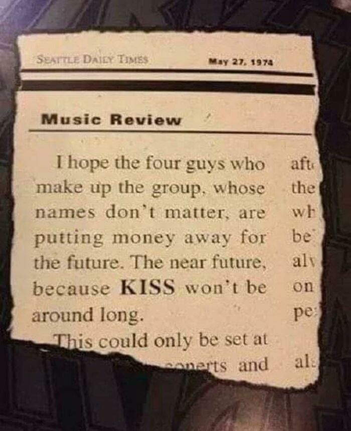 A Seattle Daily Times music review from 1974, predicting KISS wont be around long, a statement that aged poorly.