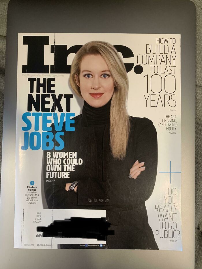 Inc. Magazine cover featuring Elizabeth Holmes, titled The Next Steve Jobs, which aged poorly.