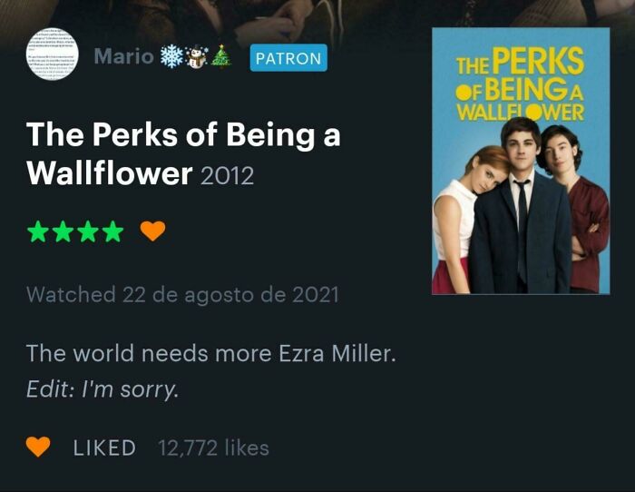 A screenshot of a movie review for The Perks of Being a Wallflower with a comment about Ezra Miller, highlighting things that aged poorly.