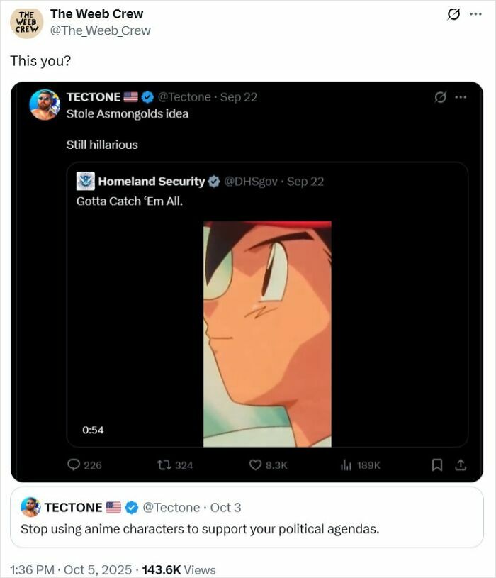 A Twitter screenshot revealing someone caught in their contradictions online about using anime characters politically.
